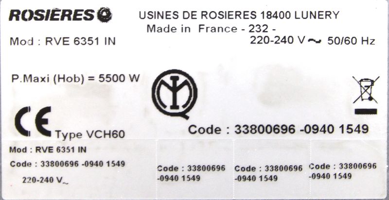 PLAQUE VITROCERAMIQUE DE MARQUE ROSIERES MODELE RVE 6351 IN. CADRE EN INOX. 3 FOYERS. PUISSANCE TOTALE: 5700W. DIMENSIONS: 57.5X50.5 CM.