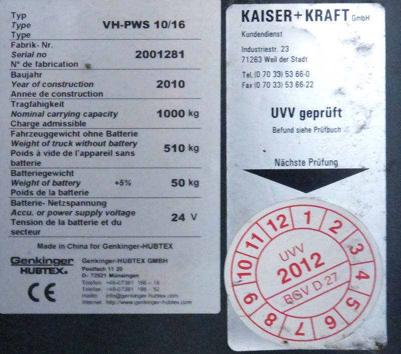 GERBEUR GENKINGER HUBTEX VH-PWS 10/16 1000 KG