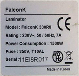 PLASTIFIEUSE DE MARQUE FALCON K MODELE 330R8. 14 X 65 X 35 CM. R-1 REPRO