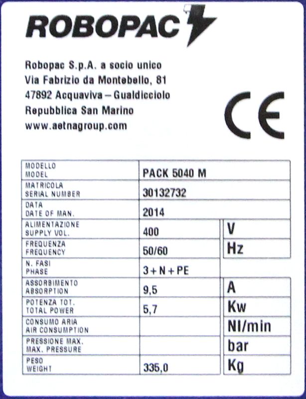 FARDELEUSE OU MACHINE D'EMBALLAGE THERMIQUE MANUELLE DE MARQUE ROBOPAC MODELE PACK 5040M. SUR CHASSIS ROULANT, ANNEE 2014. 144 X 195 X 125 CM. R-1 REPRO