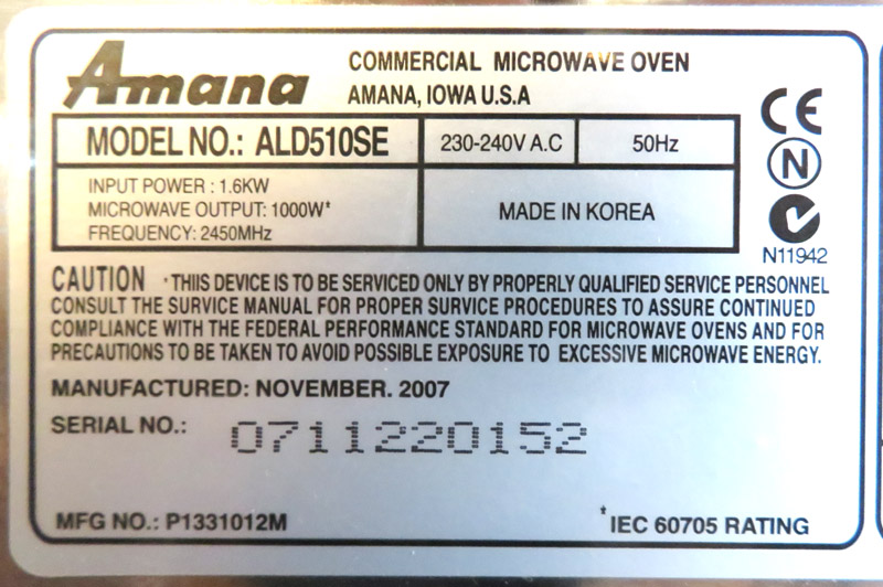 MICRO ONDE 1000 WATT DE MARQUE AMANA MODELE ALD510SE EN INOX ALIMENTAIRE. 35 X 56 X 48 CM. BLANQUI 9EME