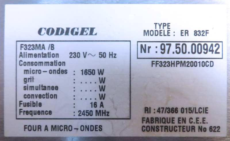 MICRO ONDE 1650 WATT DE MARQUE CODIGEL MODELE F323MA EN INOX ALIMENTAIRE. 34,5 X 55,5 X 42 CM. BLANQUI 9EME