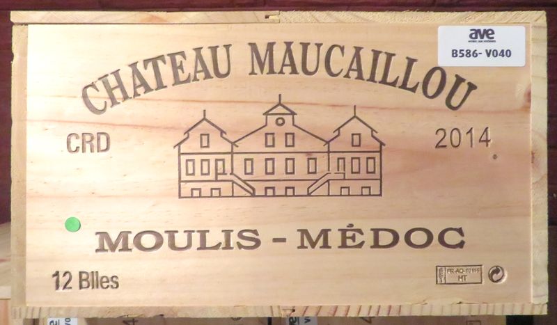 12 BOUTEILLES DE CHATEAU MAUCAILLOU 2014, MOULIS MEDOC. BORDEAUX ROUGE. CAISSE BOIS D'ORIGINE.