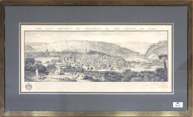 GRAVURE ANGLAISE TITREE "THE EAST PROSPECT OF SHEFFIELD IN THE COUNTY OF YORK". 32 X 83 CM (A VUE). CADRE EN LAITON