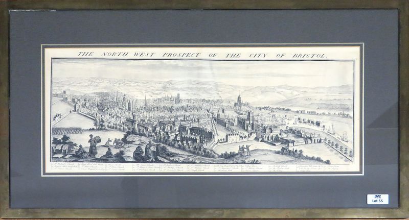 GRAVURE ANGLAISE TITREE "THE NORTH WEST PROPECT OF THE CITY OF BRISTOL". 32 X 83 CM (A VUE). CADRE EN LAITON