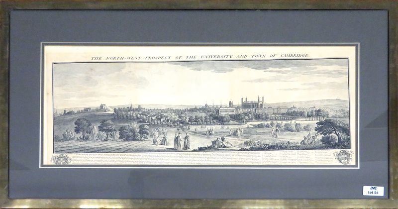 GRAVURE ANGLAISE TITREE "THE NORTH WEST PROSPECT OF THE UNIVERSITY, AND TOWN OF CAMBRIDGE". 32 X 83 CM (A VUE). CADRE EN LAITON