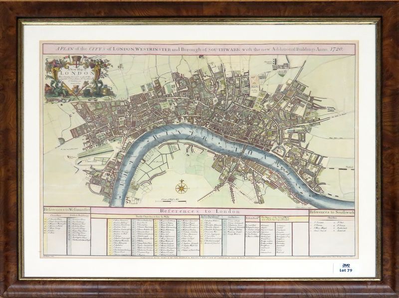 REPRODUCTION D'UNE GRAVURE EN COULEUR "THE PLAN OF THE CITY OF LONDON, WESTMINSTER AND BOROUGH OF SOUTHWARK WITH THE NEW ADDITIONNAL BUILDINGS ANNO 1720". 52 X 69 CM (A VUE). ENCADREE SOUS VERRE