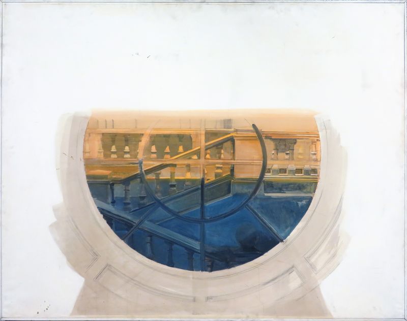 HORTENSE DAMIRON (NEE EN 1945) "OEIL DE BOEUF", AQUARELLE ET CRAYON SUR PAPIER MAROUFLE SUR PANNEAU. 136 X 168 CM.