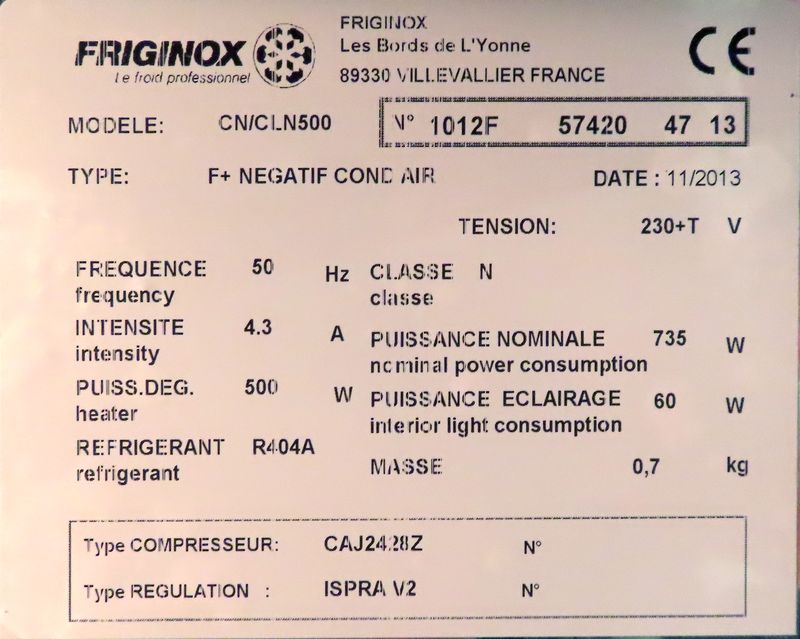 ARMOIRE REFRIGEREE NEGATIVE EN INOX ALIMENTAIRE DE MARQUE FRIGINOX MODELE CN/CLN500 OUVRANT PAR 1 PORTE SUR 4 NIVEAUX. 212 X 68 X 82 CM.