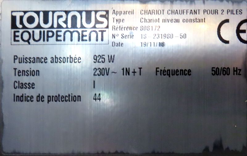 CHARIOT CHAUFFE ASSIETTES A 2 SILOS A NIVEAU CONSTANT DE MARQUE TOURNUS EQUIPEMENT MODELE 808172 EN INOX ALIMENTAIRE. 106 X 44 X 93 CM.