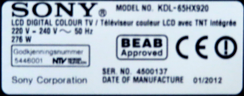 1 UNITE : TELEVISION SUR PIED A ECRAN LED DE 65 POUCES DE MARQUE SONY MODELE BRAVIA KDL-65HX920. 13EME .