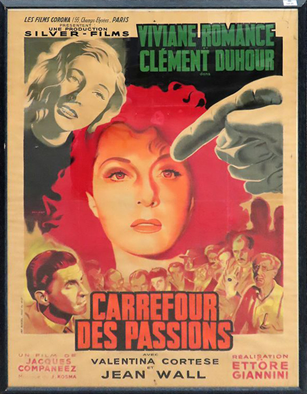 AFFICHE COULEUR GRAND FORMAT DU FILM "CARREFOUR DES PASSIONS" 1948 DE JACQUES COMPAINEEZ, SOUS VERRE, CADRE EN BOIS BLEU. 167 X 126 CM.