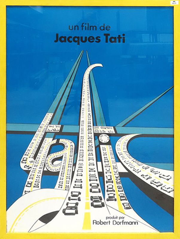 AFFICHE COULEUR GRAND FORMAT DU FILM "TRAFIC" 1971 DE JACQUES TATI, SOUS VERRE, CADRE EN BOIS LAQUE JAUNE. 165 X 125 CM.