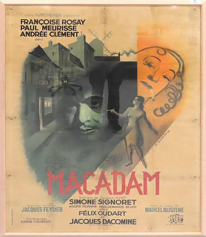 AFFICHE COULEUR GRAND FORMAT SIGNEE BERNARD LANCY DU FILM " MACADAM" DE MARCEL BLISTENE 1946, SOUS VERRE, CADRE EN BOIS NATUREL. 170 X 126 CM.