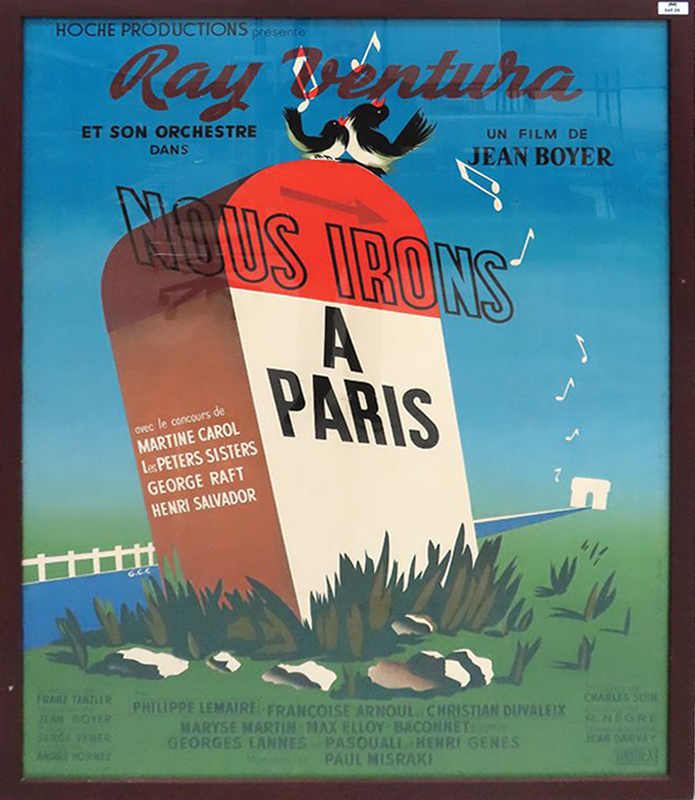 AFFICHE COULEUR GRAND FORMAT DU FILM " NOUS IRONS A PARIS" DE JEAN BOYER 1950, ILLUSTRATION DE PONTAC, IMPRIMEUR AUSSEL, LITHOGRAPHIE, SOUS VERRE, CADRE EN BOIS LAQUE CHOCOLAT. 166 X 124 CM.