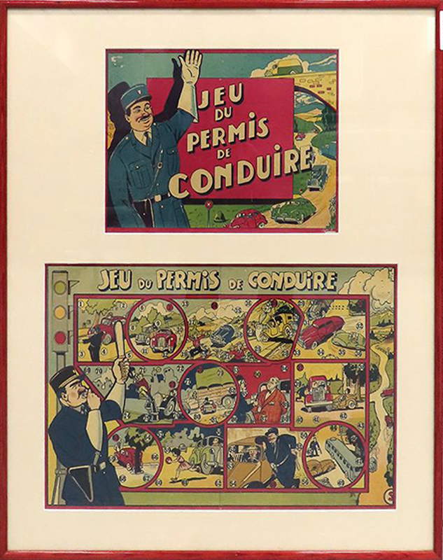 "JEU DU PERMIS DE CONDUIRE", SERIGRAPHIE 7 COULEURS, CADRE EN BOIS LAQUE ROUGE, ANNEES 1940/1950. 79 X 68 CM.