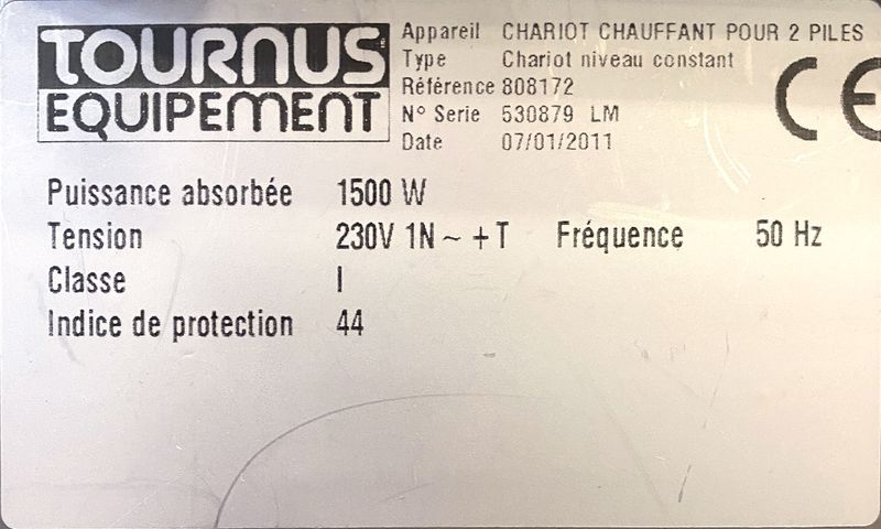 CHARIOT CHAUFFE ASSIETTE DE MARQUE TOURNUS EQUIPEMENT MODELE 808172 A 2 SILOS A NIVEAU CONSTANT EN INOX ALIMENTAIRE AVEC SES 2 CLOCHES. 104 X 50 X 95 CM. RESTAURANT ORANGE LES AUBRAIS - 380 RUE MARCELIN BERTHELOT - 45400 FLEURY LES AUBRAIS