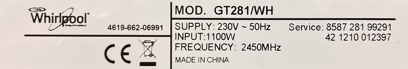 MICRO ONDE 230 V DE MARQUE WHIRLPOOL MODELE GUSTO GT281 EN METAL LAQUE BLANC. 30 X 51,5 X 39 CM.