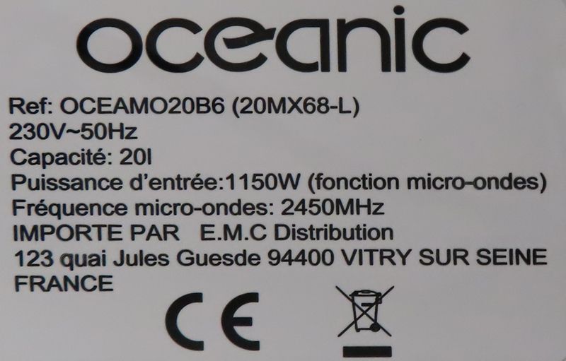 MICRO ONDE 1050 WATT DE MARQUE OCEANIC MODELE OCAMO20B6 EN ACIER LAQUE NOIR. 26 X 45 X 34 CM. RDC A
