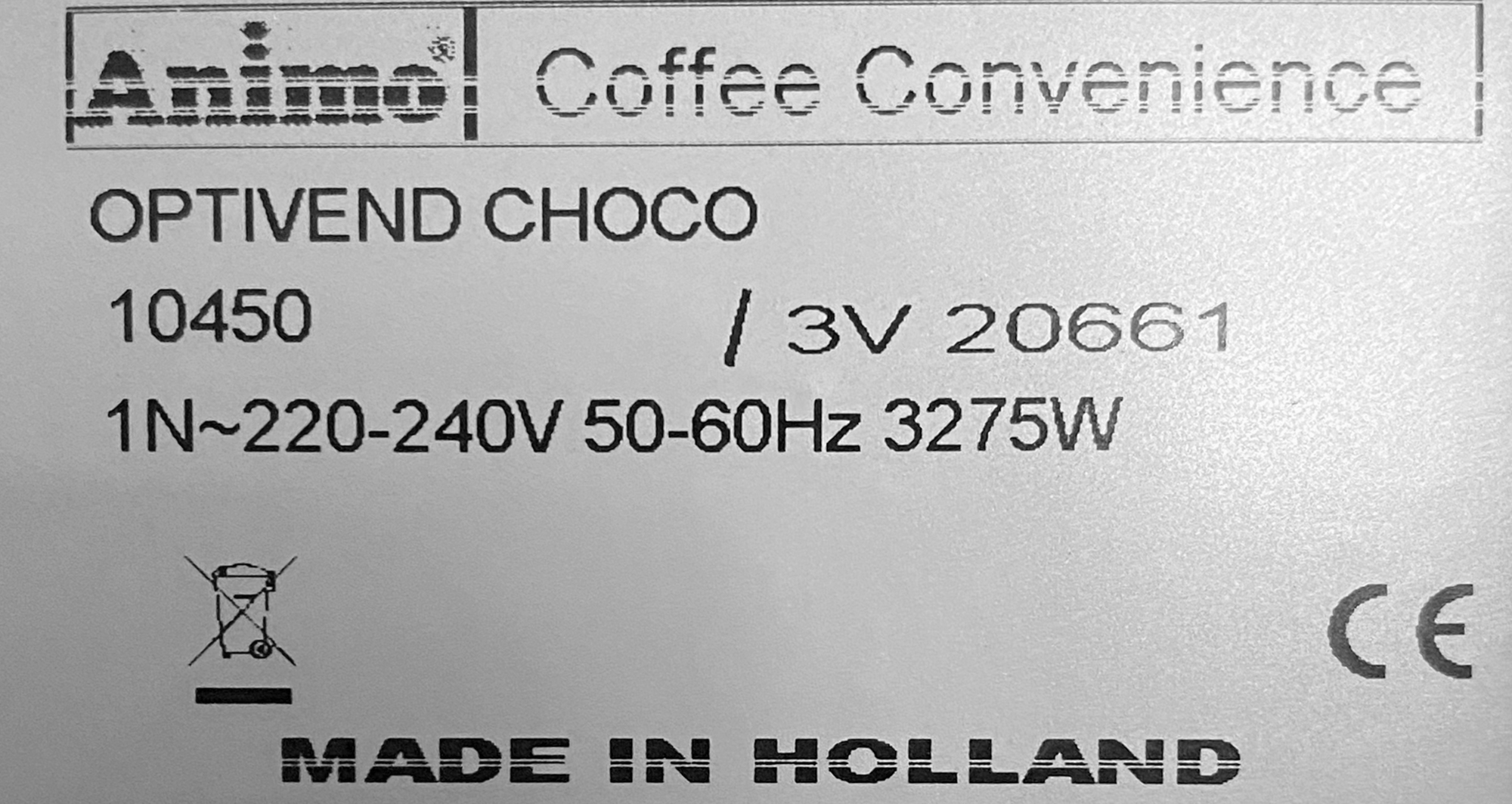 MACHINE A CHOCOLAT CHAUD PROFESSIONNEL DE MARQUE ANIMO MODELE OPTIVEND CHOCO. 56 X 22 X 50 CM. VENDU AVEC SES 2 CLES ET SON DOSEUR. LOCALISATION : -2.