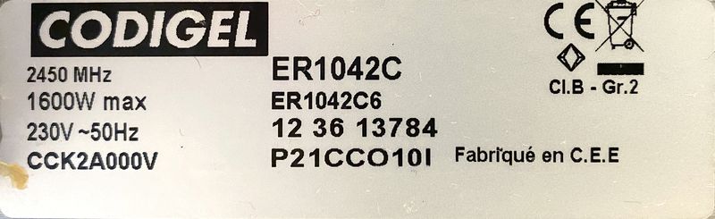 1 UNITE. MICRO-ONDES PROFESSIONNEL 1600 WATTS EN INOX ALIMENTAIRE DE MARQUE CODIGEL MODELE ER1042C. 32 X 54 X 39 CM. LOCALISATION : -1.