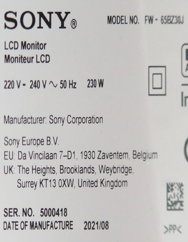 1 UNITE. MONITEUR A ECRAN LCD 65 POUCES DE MARQUE SONY MODELE FW-65BZ30J. VENDU AVEC SON PIED TELESCOPIQUE DE MARQUE VISION A HAUTEUR REGLABLE PAR MANIVELLE.