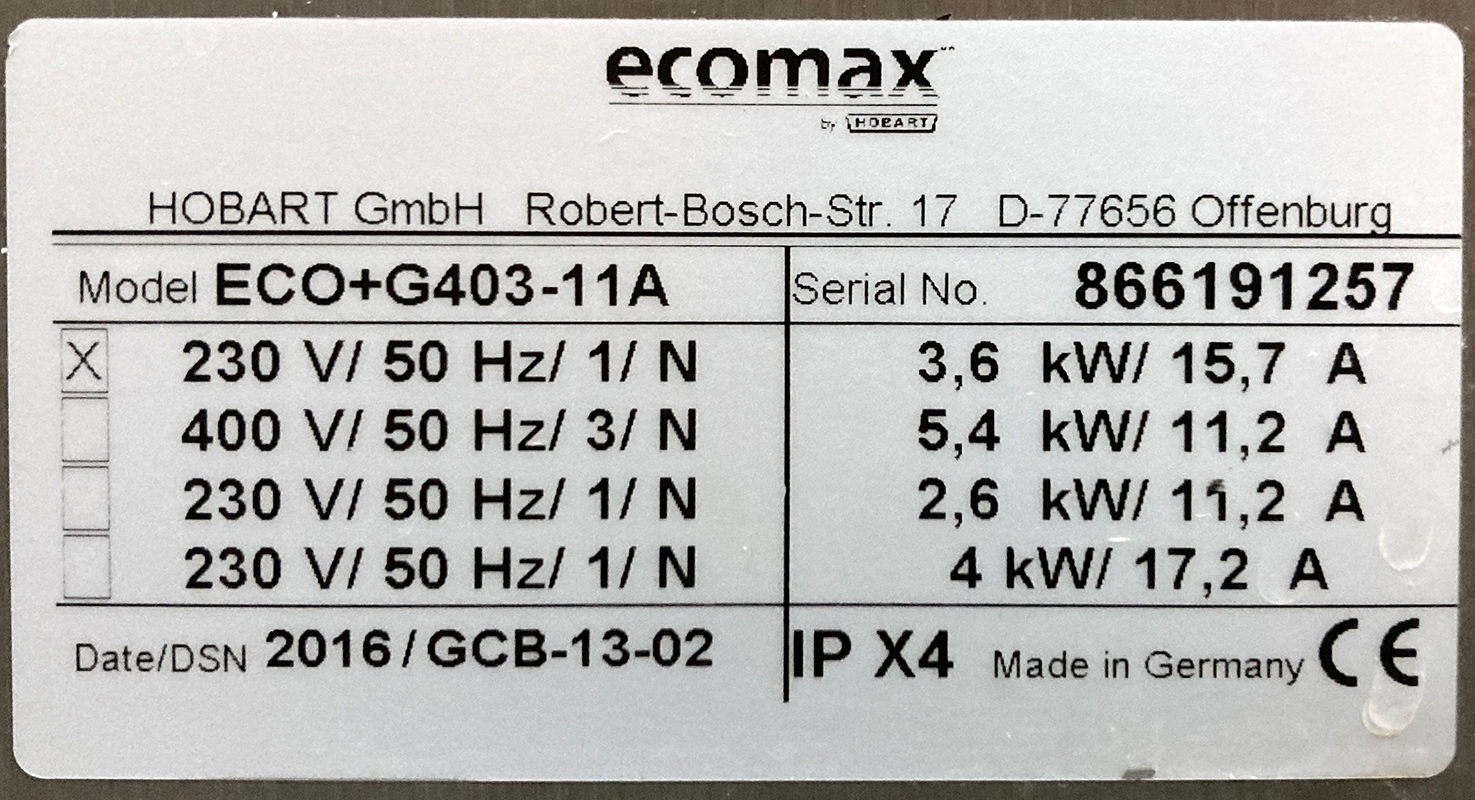 LAVE VAISSELLE PROFESSIONNEL DE MARQUE HOBART MODELE ECOMAX+ G403 11A EN INOX ALIMENTAIRE. 70 X 46 X 60 CM. LOCALISATION : -1ER RESTAURANT