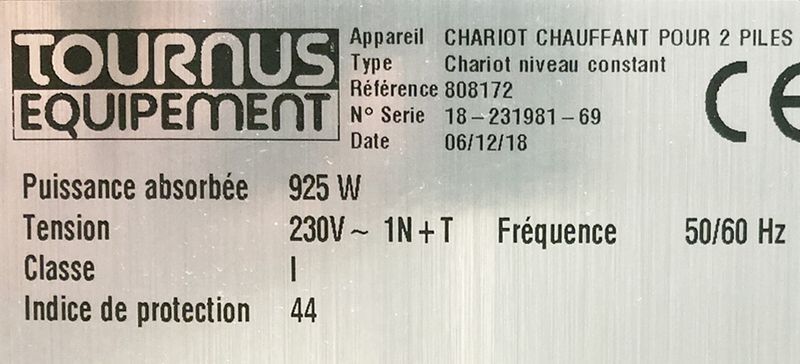 CHARIOT CHAUFFE ASSIETTE A 2 SILOS EN INOX ALIMENTAIRE DE MARQUE TOURNUS EQUIPEMENT, VENDU AVEC SES 2 CLOCHES. 220 VOLTS. ANNEE 2018. 90 X 44 X 95 CM. LOCALISATION : ORANGE CHAMPIGNY SUR MARNE - 42 RUE DU LIEUTENANT ANDRE OHRESSER - 94500 CHAMPIGNY-SUR-MARNE.