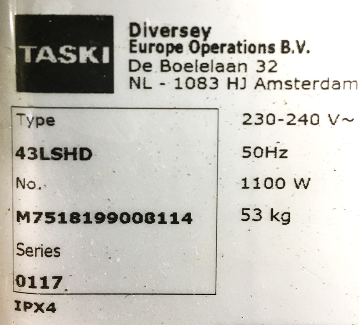 MONOBROSSE DE MARQUE DIVERSEY MODELE TASKI 43LSHD. 110 X 48 X 100 CM. DIAMETRE BROSSE : 44 CM.