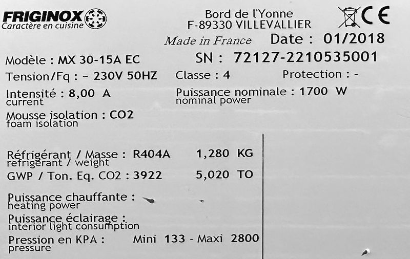 CELLULE DE REFROIDISSEMENT A 19 NIVEAUX DE MARQUE FRIGINOX ECOSELL MODELE MX 30-15A EC. ANNEE 2018. ON Y JOINT 10 RAILS ET 3 GRILLES. 156 X 77 X 79 CM. LOCALISATION : ORANGE - SAINT GERMAIN EN LAYE - 30 AVENUE SAINT-FIACRE - 78100 SAINT-GERMAIN-EN-LAYE.