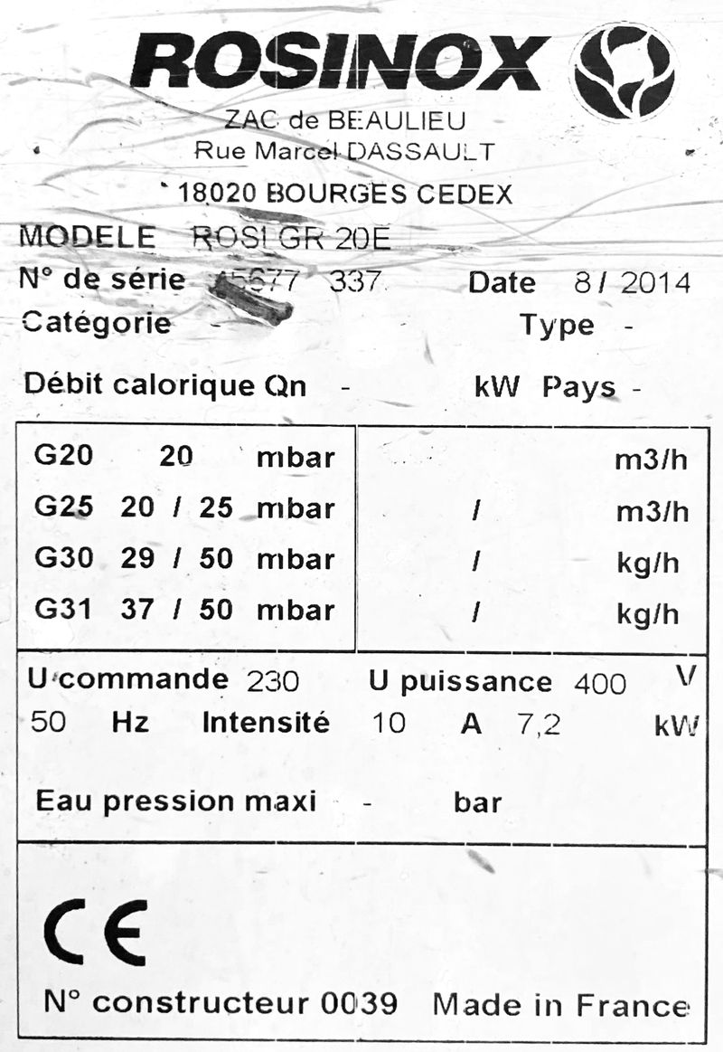 GRILLADE RAINURE ELECTRIQUE EN INOX ALIMENTAIRE DE MARQUE ROSINOX MODELE ROSI GR 20E. 100 X 90 X 40 CM. LOCALISATION : ORANGE - 8 PASSAGE SAINT-PIERRE AMELOT - 75011 PARIS.