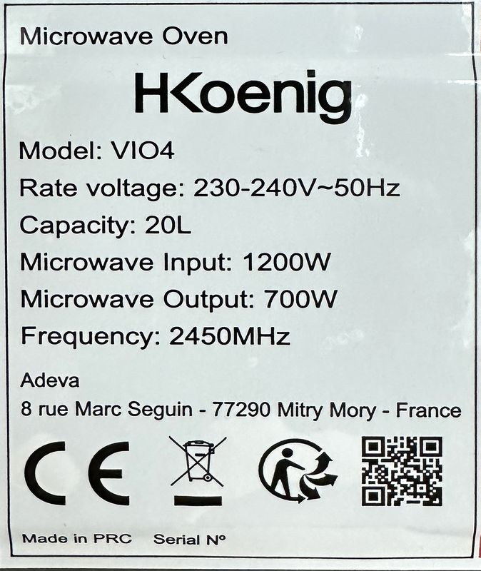 FOUR A MICRO-ONDES 700 WATTS 20 LITRES DE MARQUE HKOENIG MODELE VI04. 26 X 45 X 33 CM.