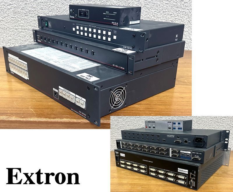 4 SWITCHES VIDEO DONT 3 DE MARQUE EXTRON DONT 1 MODELE HDMI SWITCHER 2 PORTS SW2 HD 4K, 1 MODELE HDMI SWITCHER 12 PORTS SW VGA RS SERIES, 1 MODELE DIGITAL CROSSPOINT MATRIX SWITCHER 16 PORTS DXP SERIES ET 1 DE MARQUE KRAMER MODELE HDMI SWITCHER 16 PORTS VS-161H.