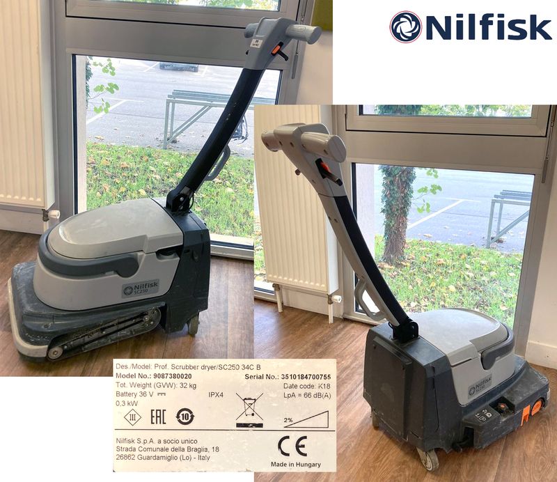 AUTOLAVEUSE / AUTO SECHEUSE SUR BATTERIES DE MARQUE NILFISK MODELE SCRUBBER DRYER SC250 34C. VENDU SANS CHARGEUR. 100 X 44 X 84 CM. LOCALISATION : ORANGE - EVREUX - 337 RUE GAY LUSSAC - 27000 EVREUX.