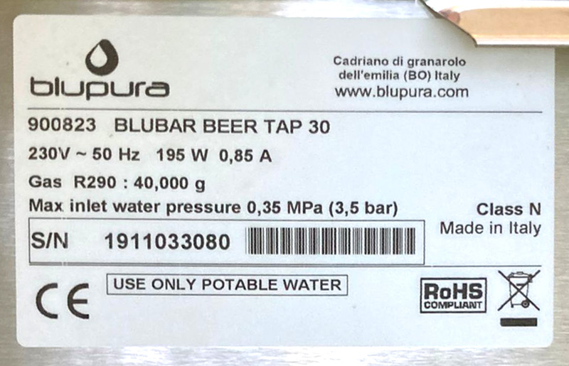 TIREUSE A BIERE A 2 BECS DE MARQUE BLUPURA MODELE BLUBAR BEERTAP 30 230 V 195 W. 58 X 32 X 57 CM. 3 UNITES. VENDU A L'UNITE AVEC FACULTE DE REUNION. LOCALISATION : ORANGE - EVREUX - 337 RUE GAY LUSSAC - 27000 EVREUX.