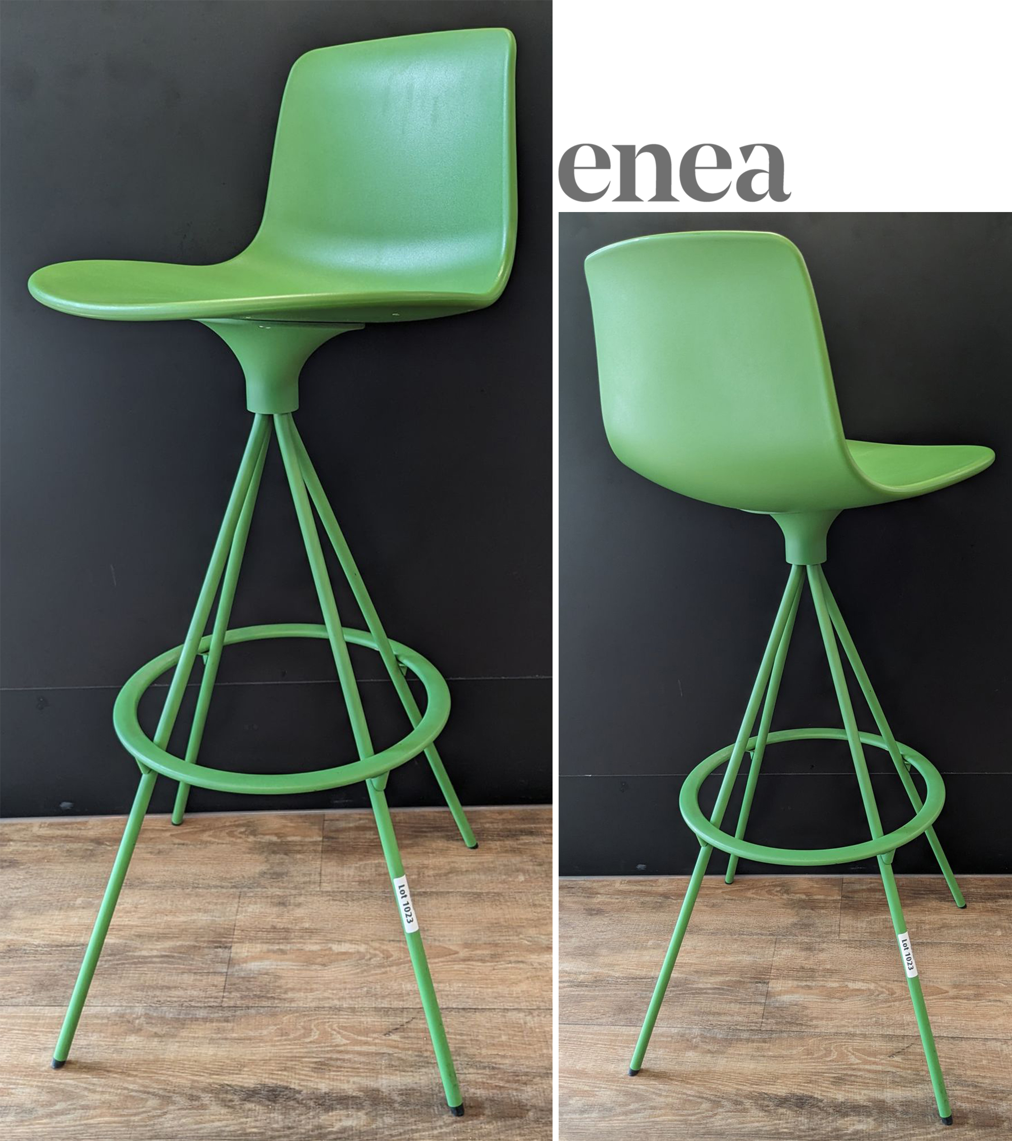 6 UNITES: CHAISE HAUTE DESIGN LIEVORE ALTHERR MOLINA MODELE LOTUS EDITION ENEA COQUE EN POLYPROPYLENE DE COULEUR VERTE REPOSANT SUR 4 PIEDS AVEC MARCHE PIED EN ACIER LAQUE VERT. 98 X 44 X 42 CM. LOCALISATION : ORANGE - EVREUX - 337 RUE GAY LUSSAC - 27000 EVREUX.