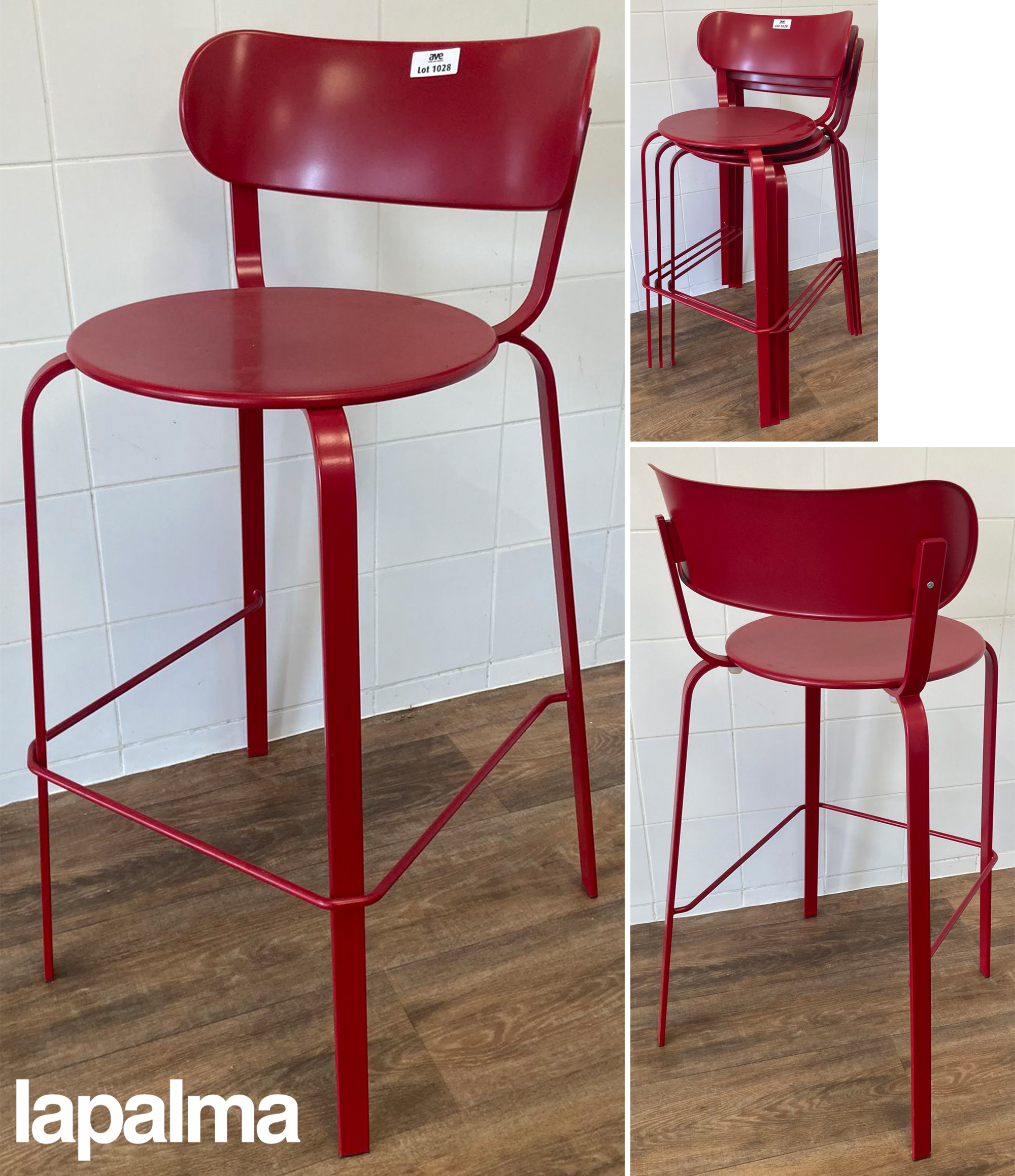 6 UNITES: CHAISES HAUTES EMPILABLES DESIGN PATRICK NORGUET MODELE STIL EDITION LAPALMA DOSSIER, ASSISE ET PIETEMENT EN ACIER LAQUE ROUGE. 99 X 46 X 53 CM. LOCALISATION : ORANGE - EVREUX - 337 RUE GAY LUSSAC - 27000 EVREUX.