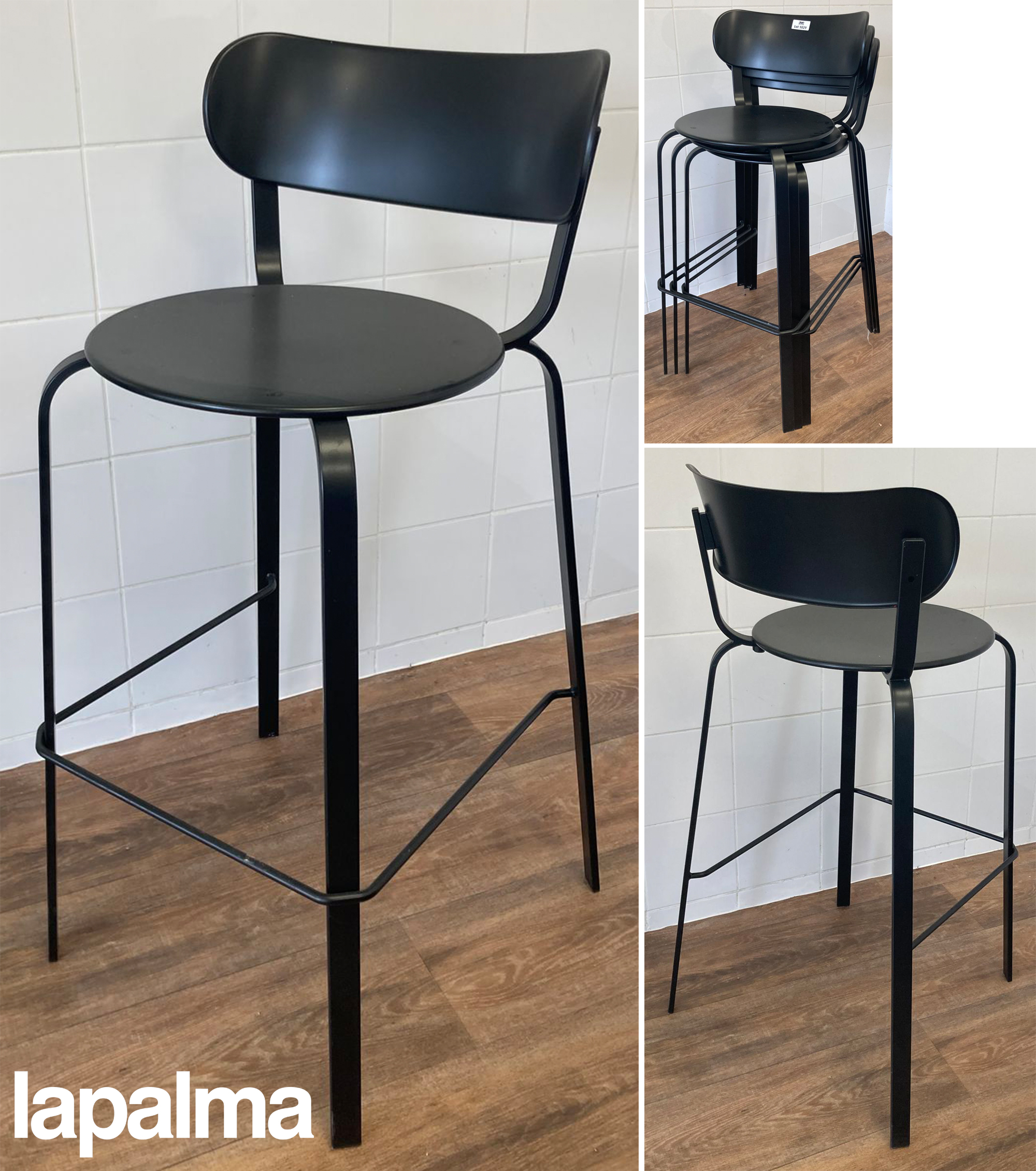 CHAISES HAUTES EMPILABLES DESIGN PATRICK NORGUET MODELE STIL EDITION LAPALMA DOSSIER, ASSISE ET PIETEMENT EN ACIER LAQUE NOIR. 99 X 46 X 53 CM. 6 UNITES. VENDU A L'UNITE AVEC FACULTE DE REUNION. LOCALISATION : ORANGE - EVREUX - 337 RUE GAY LUSSAC - 27000 EVREUX.