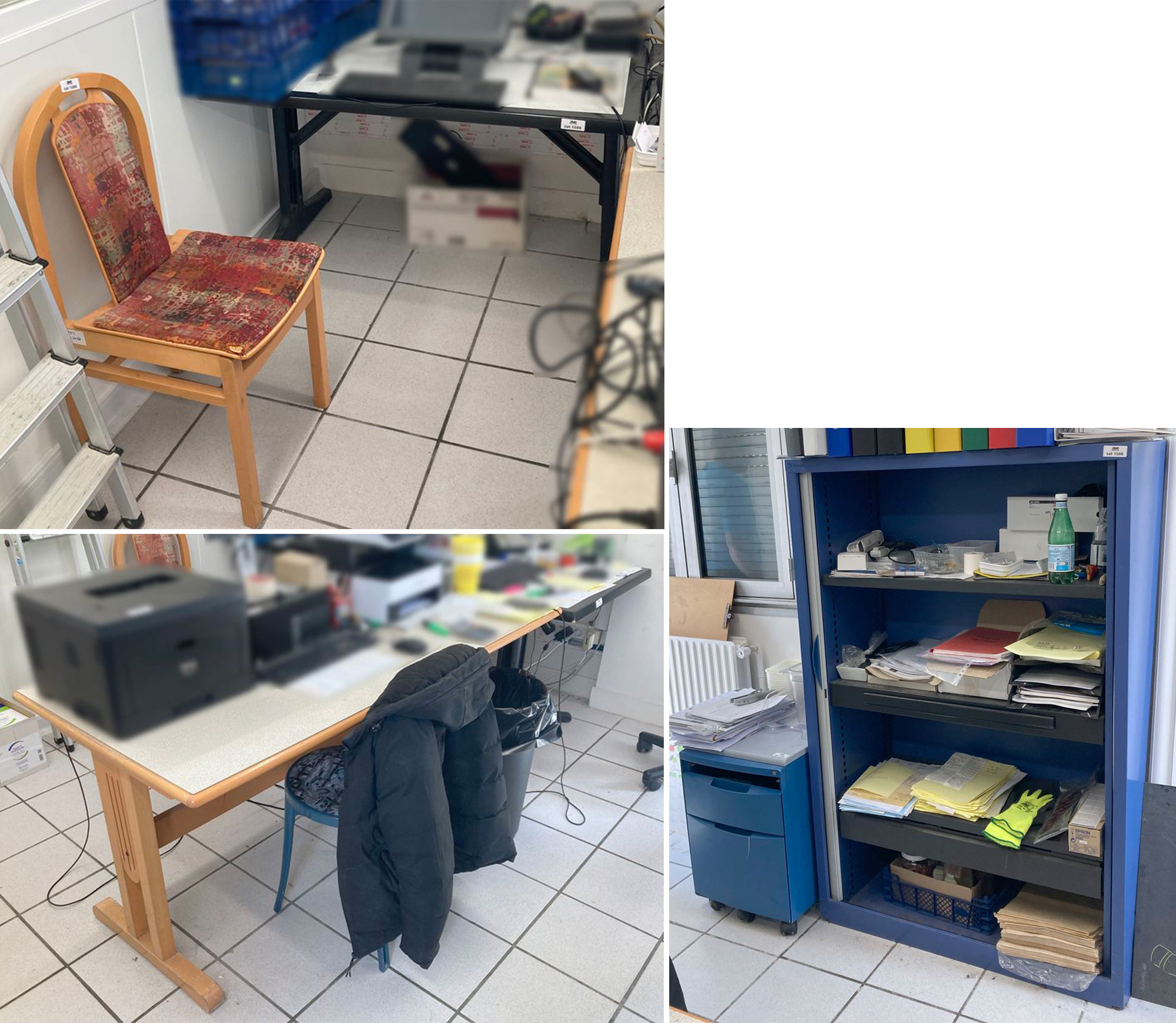 MOBILIER DE BUREAU COMPRENANT 4 TABLES, 2 CHAISES, 1 CHAISE DE BUREAU, 1 CAISSON, 1 ARMOIRE A PORTE COULISSANTE (PORTE DEFECTUEUSE).  LOCALISATION : ORANGE - EVREUX - 337 RUE GAY LUSSAC - 27000 EVREUX.