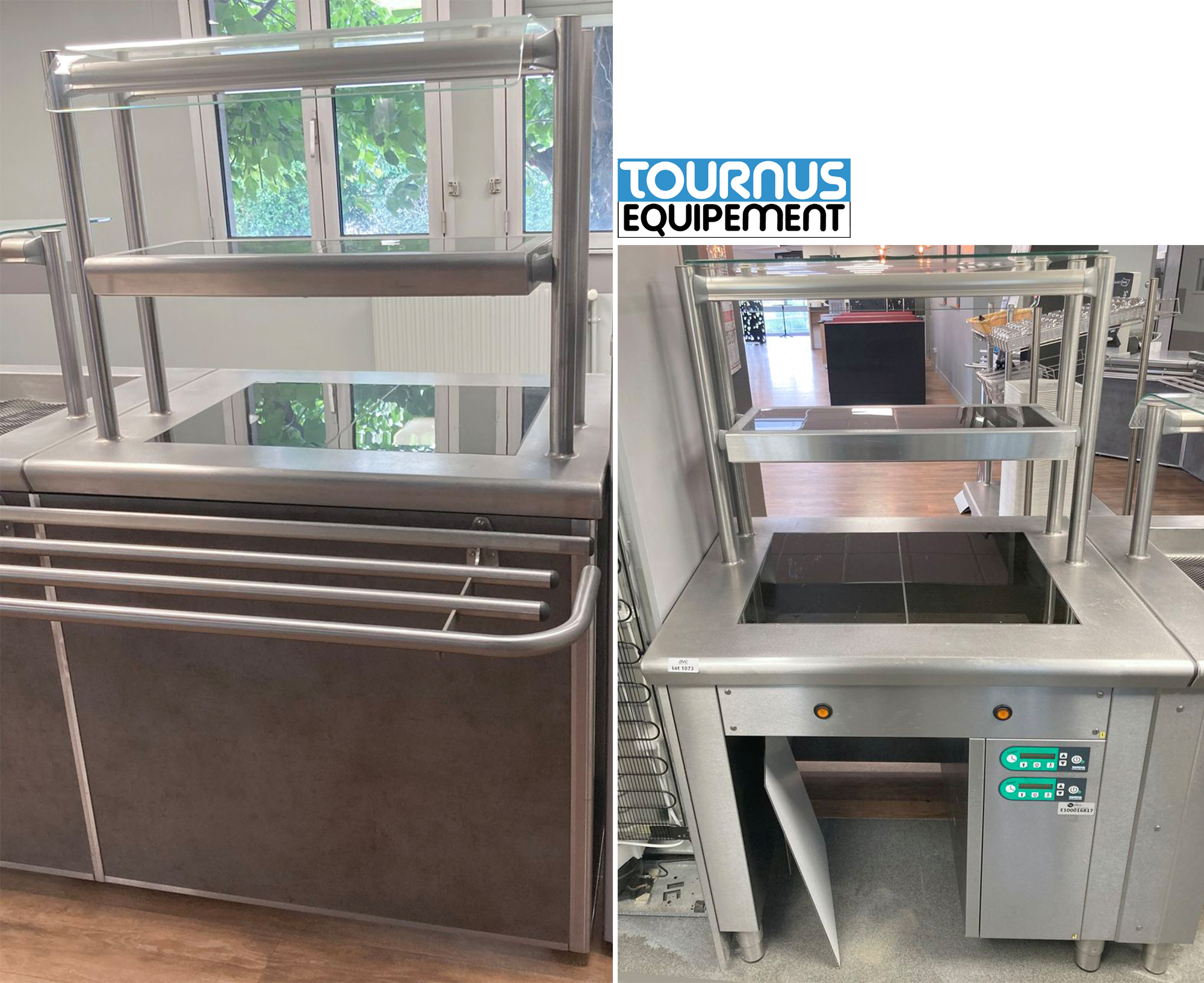 MEUBLE DE SERVICE CHAUD A 2 NIVEAUX COMPRENANT 2 PLAQUES VITROCERAMIQUE CHACUN EN INOX ALIMENTAIRE ET VISIERE DE PROTECTION EN VERRE DE MARQUE TOURNUS EQUIPEMENT. 154 X 95 X 83 CM. LOCALISATION : ORANGE - EVREUX - 337 RUE GAY LUSSAC - 27000 EVREUX.