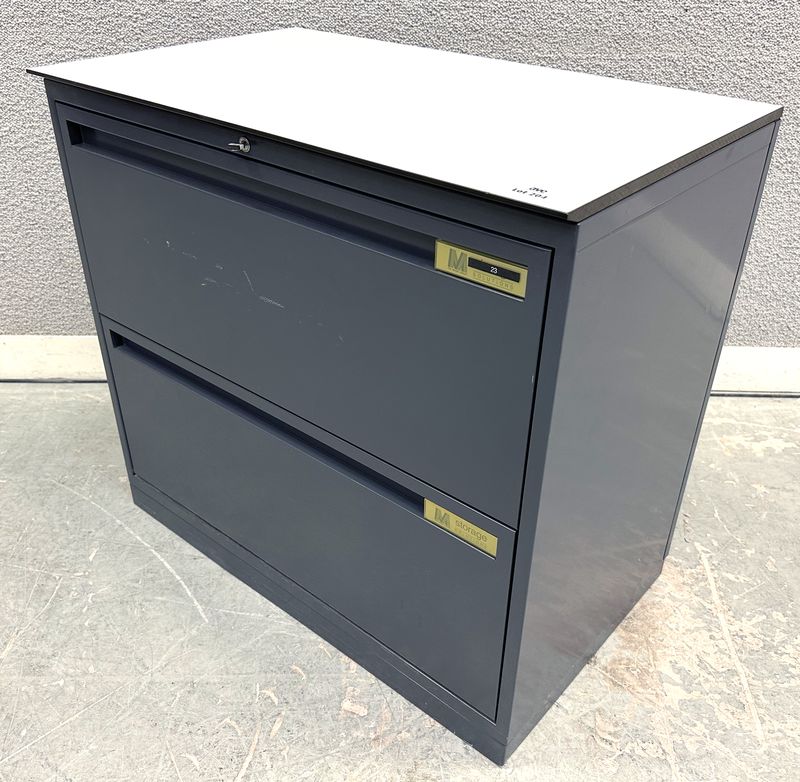 MEUBLE DE RANGEMENT PLATEAU EN RESINE DE COULEUR GRIS PERLE REPOSANT SUR UN MEUBLE EN ACIER LAQUE GRIS ANTHRACITE OUVRANT PAR 2 TIROIRS AVEC SECURITE ANTI-BASCULEMENT DE MARQUE THE MAINE GROUP MODELE STORAGE SOLUTIONS. VENDU AVEC OU SANS CLE. 3 UNITES. VENDU A L'UNITE AVEC FACULTE DE REUNION. 73.5 X 80 X 47.5 CM.