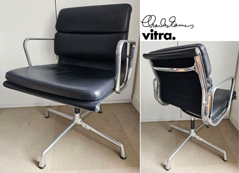 FAUTEUIL PIVOTANT DESIGN CHARLES ET RAY EAMES MODELE SOFT PAD EA208 EDITION VITRA, STRUCTURE EN ALUMINIUM, GARNITURE EN CUIR NOIR REPOSANT SUR UN PIETEMENT EN ETOILE A 4 BRANCHES SUR PATINS. 84 X 58 X 69 CM. ALUMINIUM ET CUIR LEGEREMENT RAYE.