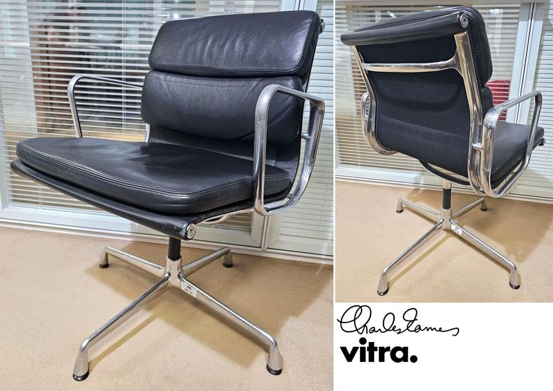 FAUTEUIL PIVOTANT DESIGN CHARLES ET RAY EAMES MODELE SOFT PAD EA208 EDITION VITRA, STRUCTURE EN ALUMINIUM, GARNITURE EN CUIR NOIR REPOSANT SUR UN PIETEMENT EN ETOILE A 4 BRANCHES SUR PATINS. 84 X 58 X 69 CM. ALUMINIUM LEGEREMENT RAYE.