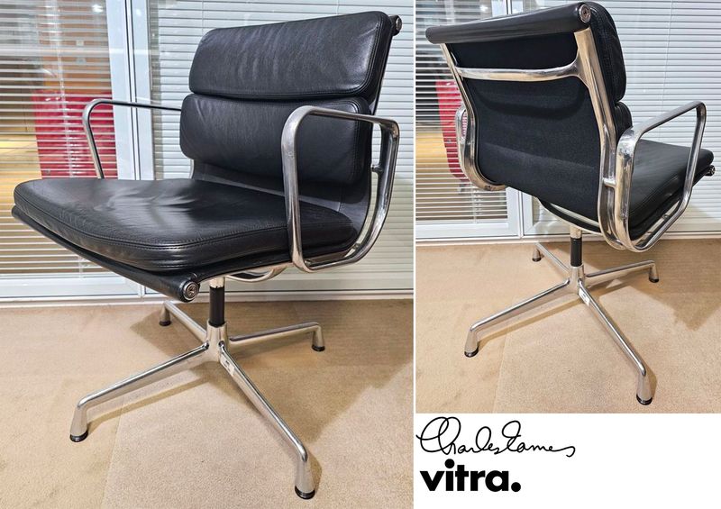 FAUTEUIL PIVOTANT DESIGN CHARLES ET RAY EAMES MODELE SOFT PAD EA208 EDITION VITRA, STRUCTURE EN ALUMINIUM, GARNITURE EN CUIR NOIR REPOSANT SUR UN PIETEMENT EN ETOILE A 4 BRANCHES SUR PATINS. 84 X 58 X 69 CM. ALUMINIUM LEGEREMENT RAYE.