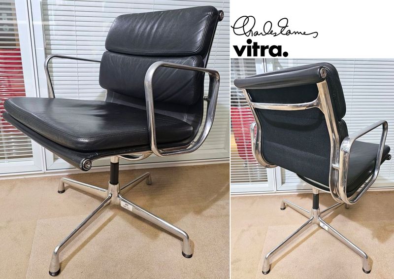 FAUTEUIL PIVOTANT DESIGN CHARLES ET RAY EAMES MODELE SOFT PAD EA208 EDITION VITRA, STRUCTURE EN ALUMINIUM, GARNITURE EN CUIR NOIR REPOSANT SUR UN PIETEMENT EN ETOILE A 4 BRANCHES SUR PATINS. 84 X 58 X 69 CM. ALUMINIUM LEGEREMENT RAYE.