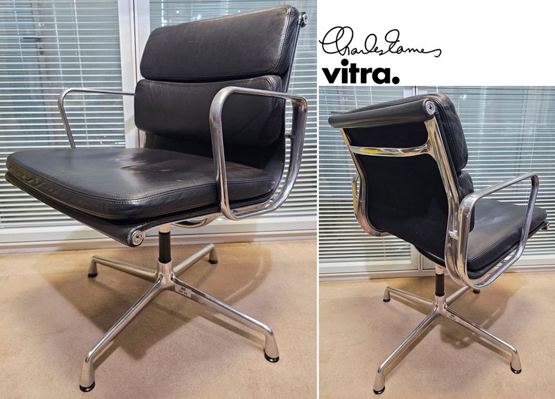 FAUTEUIL PIVOTANT DESIGN CHARLES ET RAY EAMES MODELE SOFT PAD EA208 EDITION VITRA, STRUCTURE EN ALUMINIUM, GARNITURE EN CUIR NOIR REPOSANT SUR UN PIETEMENT EN ETOILE A 4 BRANCHES SUR PATINS. 84 X 58 X 69 CM. ALUMINIUM ET CUIR TRES LEGEREMENT RAYE.