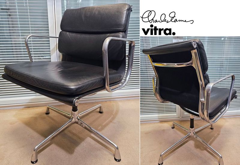 FAUTEUIL PIVOTANT DESIGN CHARLES ET RAY EAMES MODELE SOFT PAD EA208 EDITION VITRA, STRUCTURE EN ALUMINIUM, GARNITURE EN CUIR NOIR REPOSANT SUR UN PIETEMENT EN ETOILE A 4 BRANCHES SUR PATINS. 84 X 58 X 69 CM. ALUMINIUM LEGEREMENT RAYE.