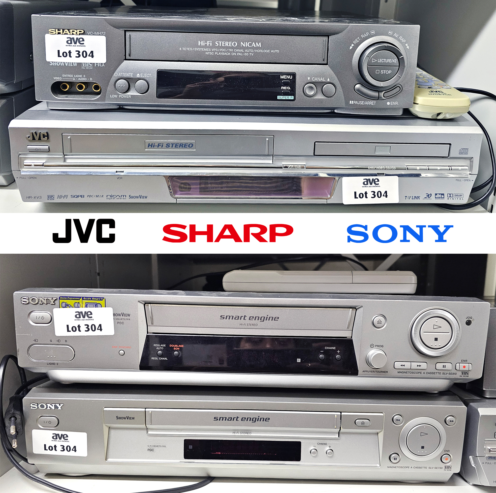 4 LECTEURS VHS DONT : 2 LECTEURS DE MARQUE SONY MODELE SLV-SE-810 ET SLV-SE730, 1 SHARP MODELE VC-MH72, 1 JVC MODELE HR-XV3. VENDU AVEC CABLE D'ALIMENTATION. LOCALISATION : SS-3 ARCHIVES