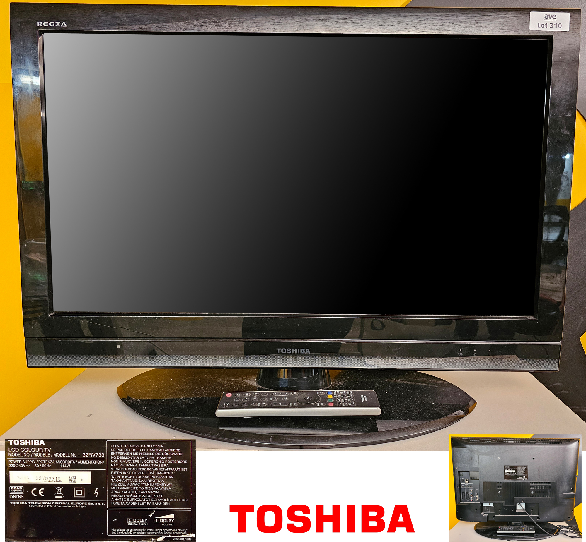 TELEVISION SUR PIED A ECRAN LCD 32 POUCES DE MARQUE TOSHIBA MODELE 32RV733. VENDU AVEC SA TELECOMMANDE ET SON CABLE D'ALIMENTATION. LOCALISATION : SS-2 ARCHIVES