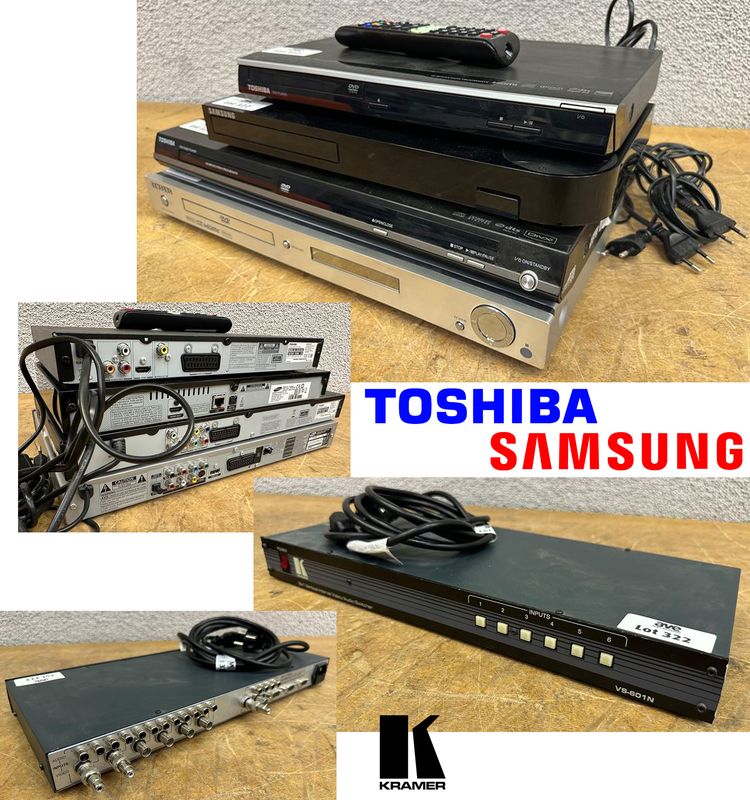 4 LECTEURS DVD ET BLU-RAY DONT 2 LECTEUR DVD MARQUE TOSHIBA MODELE SD3010KE ET MODELE SD-281EKF, 1 LECTEUR BLU-RAY 3D DE MARQUE SAMSUNG MODELE BD-H6500 ET LECTEUR DVD DE MARQUE SAMSUNG MODELE HD850 ET SA TELECOMMANDE. ON Y JOINT SWITCH AUDIO DE MARQUE KRAMER MODELE VS-601N.